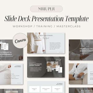 May include: A slide deck presentation template for workshops, training, and masterclasses. The template features a minimalist design with a neutral color palette of white, black, and gray. The slides include text boxes, images, and icons. The text on the slides includes the words "Meet Your Coach", "How to Prepare for Today's Workshop", "Build Your Online Empire Course", "Unlock Your Online Business Potential", "Ready to Fast-Track Your Success", and "Do's and Don'ts for Online Entrepreneurs".