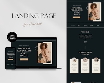Canva Website Template, Dark Theme Landing Page For Coaches, Sales Page, Virtual Assistant, Build a Website, Coaching Templates