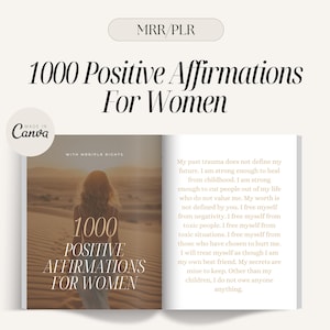 MRR PLR 1000 女性のための肯定的な肯定、マスター再販権、心の平和、個人の成長、MRR Canva テンプレート、再販権を含む