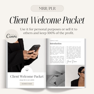 May include: A black and white mockup of a client welcome packet with the text "Client Welcome Packet" and "Change this to your subtitle" on the front cover. The packet is open to reveal a page with the text "Introduction" and "Your Name".