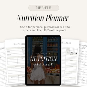 Op de afbeelding: Een digitale planner met een zwart-wit ontwerp. De planner bevat secties voor een gezondheids overzicht, medicijnen, een maaltijdplan en een voeding uitdaging. De omslag afbeelding toont een vrouw voor een fruitkraam met de tekst "Nutrition Planner" in grote, vetgedrukte letters.