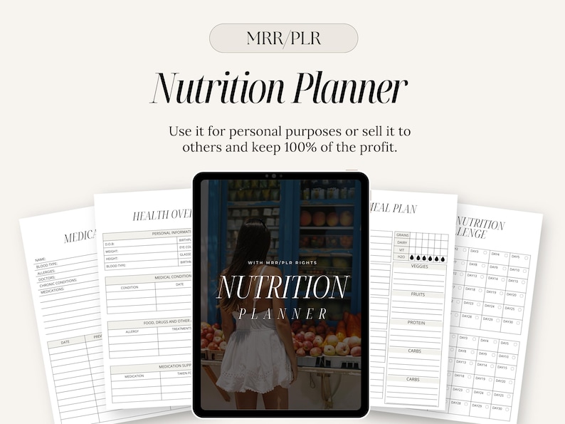 May include: A digital planner with a black and white design. The planner includes sections for health overview, medication, meal plan, and a nutrition challenge. The cover image features a woman in front of a fruit stand with the text "Nutrition Planner" in large, bold letters.