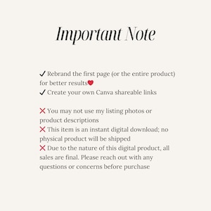 May include: A cream-colored graphic with the text "Important Note" in a stylish font. The text includes bullet points with checkmarks and cross marks, and the text "Rebrand the first page for better results" and "Create your own Canva shareable links".