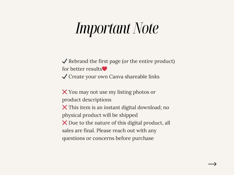 May include: A cream-colored graphic with the text "Important Note" in a stylish font. The text includes bullet points with checkmarks and cross marks, and the text "Rebrand the first page for better results" and "Create your own Canva shareable links".