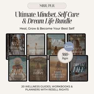 May include: An image showcasing a bundle of digital wellness guides and planners. The title reads "Ultimate Mindset, Self-Care & Dream Life Bundle." The image includes mockups of tablets with titles like "Self Confidence," "Manifestation Planner," and "Dream Life Journal."