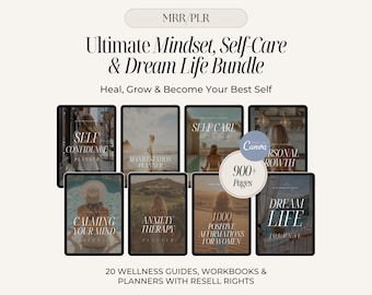 Puede incluir: Imagen de un paquete de guías y planificadores de bienestar digital. El título principal es "Ultimate Mindset, Self-Care & Dream Life Bundle". La imagen incluye maquetas de tabletas con títulos como "Self Confidence" y "Dream Life Journal".