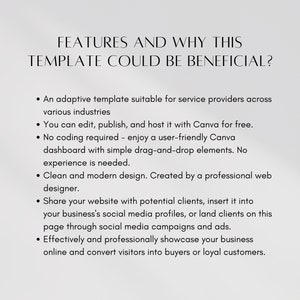 May include: A text-based image outlining the features and benefits of a website template. The template is described as adaptive, easy to use, and suitable for service providers across various industries. It is also mentioned that the template can be edited, published, and hosted for free using Canva.
