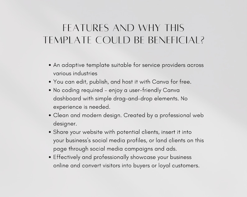 May include: A text-based image outlining the features and benefits of a website template. The template is described as adaptive, easy to use, and suitable for service providers across various industries. It is also mentioned that the template can be edited, published, and hosted for free using Canva.
