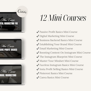May include: An image featuring 12 mini-courses on a light beige background. Three laptops display course titles such as "Digital Marketing 101" and "Passive Profit Basics." A list of course topics includes "Email Marketing" and "Instagram Blueprint." The Canva logo is visible.