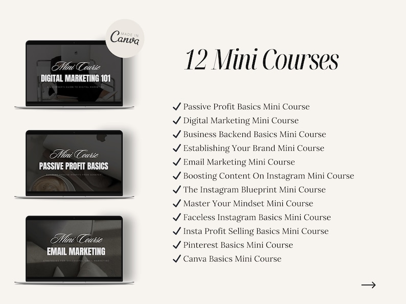 May include: An image featuring 12 mini-courses on a light beige background. Three laptops display course titles such as "Digital Marketing 101" and "Passive Profit Basics." A list of course topics includes "Email Marketing" and "Instagram Blueprint." The Canva logo is visible.