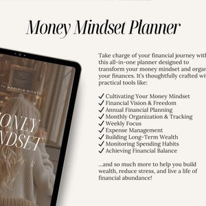 May include: A digital planner cover with the text "Money Mindset Planner" in black text on a white background. The cover image shows a woman with long blonde hair sitting in a cafe. The text "With MRR/PLA Rights" is in the upper right corner of the image. The planner includes tools for cultivating a money mindset, financial vision, annual financial planning, monthly organization, weekly focus, expense management, building long-term wealth, monitoring spending habits, and achieving financial balance.