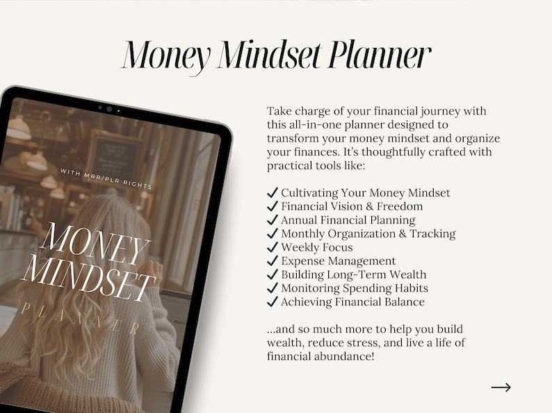 May include: A digital planner cover with the text "Money Mindset Planner" in black text on a white background. The cover image shows a woman with long blonde hair sitting in a cafe. The text "With MRR/PLA Rights" is in the upper right corner of the image. The planner includes tools for cultivating a money mindset, financial vision, annual financial planning, monthly organization, weekly focus, expense management, building long-term wealth, monitoring spending habits, and achieving financial balance.