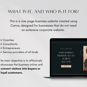 May include: A laptop computer displaying a website with a dark background and white text. The text reads "Unlock Your Potential, Empowering Individuals to Achieve Success". A woman with curly brown hair is pictured on the right side of the screen.