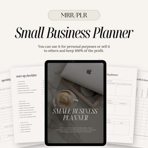 Puede incluir: Un planificador digital para pequeñas empresas con un diseño en blanco y negro. El planificador incluye secciones para el nombre del negocio, la lista de verificación de inicio, la apertura, el planificador de marketing y las ganancias y pérdidas. La imagen de portada presenta una taza de café y una computadora portátil.