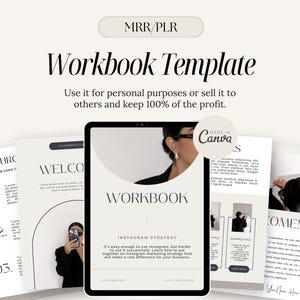 Könnte beinhalten: Eine digitale Arbeitsmappe mit dem Titel "Workbook Template" in einer stilvollen Schriftart. Das Bild enthält ein Tablet, das die Arbeitsmappe anzeigt, zusammen mit mehreren geöffneten Seiten. Der Text auf dem Bild lautet: "Verwenden Sie es für persönliche Zwecke oder verkaufen Sie es an andere und behalten Sie 100 % des Gewinns."