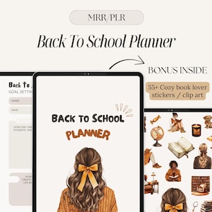 Peut inclure: Planificateur numérique de rentrée scolaire avec une palette de couleurs chaudes. Le planificateur présente une fille avec un nœud jaune et le texte "Back to School Planner". Comprend plus de 55 autocollants et cliparts pour les amateurs de livres.
