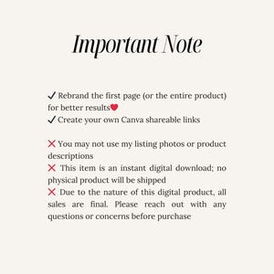 May include: Important note: Rebrand the first page (or the entire product) for better results. Create your own Canva shareable links. You may not use my listing photos or product descriptions. This item is an instant digital download; no physical product will be shipped. Due to the nature of this digital product, all sales are final. Please reach out with any questions or concerns before purchase.