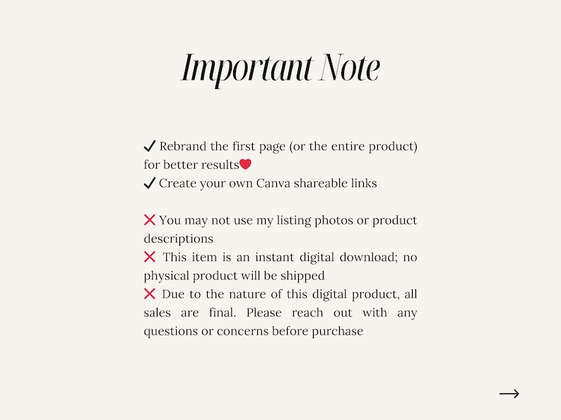 May include: Important note: Rebrand the first page (or the entire product) for better results. Create your own Canva shareable links. You may not use my listing photos or product descriptions. This item is an instant digital download; no physical product will be shipped. Due to the nature of this digital product, all sales are final. Please reach out with any questions or concerns before purchase.