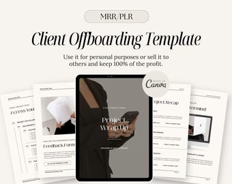 Puede incluir: Una plantilla digital para la desvinculación de clientes, que incluye un documento de cierre de proyecto, un formulario de comentarios y un documento de resumen del proyecto. La plantilla está diseñada con un estilo minimalista con texto negro sobre fondo blanco.