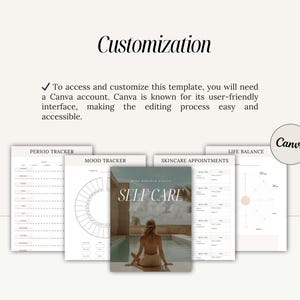 K&ouml;nnte beinhalten: Ein Satz druckbarer Selbstpflege-Tracker f&uuml;r Canva. Die Tracker umfassen einen Perioden-Tracker, einen Stimmungs-Tracker, Hautpflege-Termine und einen Tracker f&uuml;r die Work-Life-Balance. Die Tracker sind mit einem minimalistischen Design gestaltet und haben einen hellgrauen Hintergrund mit schwarzem Text.