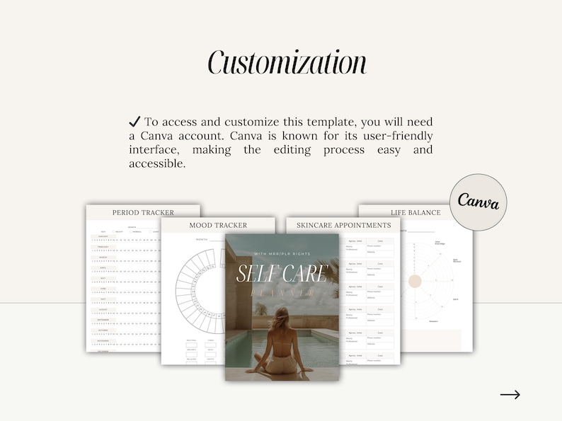 K&ouml;nnte beinhalten: Ein Satz druckbarer Selbstpflege-Tracker f&uuml;r Canva. Die Tracker umfassen einen Perioden-Tracker, einen Stimmungs-Tracker, Hautpflege-Termine und einen Tracker f&uuml;r die Work-Life-Balance. Die Tracker sind mit einem minimalistischen Design gestaltet und haben einen hellgrauen Hintergrund mit schwarzem Text.
