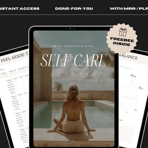 Peut inclure: Un planificateur numérique avec le texte "Self Care Planner" en blanc sur un fond bleu. Le planificateur comprend un "Feel Good Tracker" et une section "Balance". L'image comprend également une offre de cadeau.