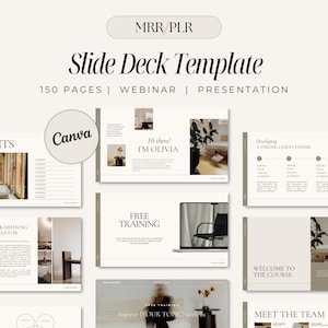 Puede incluir: Una plantilla de diapositivas para webinars y presentaciones. La plantilla presenta un diseño minimalista con una paleta de colores neutros e incluye 150 páginas. El texto "Canva" es visible en la imagen.