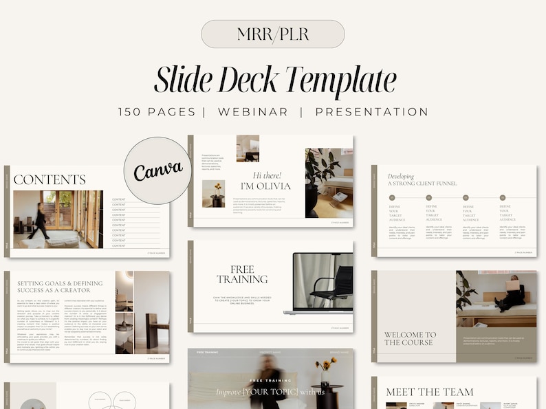 May include: A slide deck template for webinars and presentations. The template features a minimalist design with a neutral color palette and includes 150 pages. The text "Canva" is visible in the image.