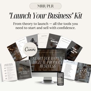 以下が含まれることがあります： 「Start Your Own Digital Product Business」というテキストが表示されたコンピューター画面を持つデジタル製品ビジネスキット。このキットには、スモールビジネスプランナー、パーソナルブランド構築ガイド、500のデジタル製品アイデアリストなど、さまざまなリソースが含まれています。