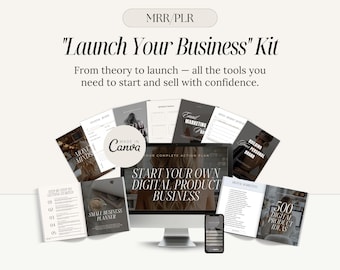 Puede incluir: Un kit de negocio de productos digitales con una pantalla de computadora que muestra el texto "Start Your Own Digital Product Business". El kit incluye una variedad de recursos, como un planificador de pequeñas empresas, una guía para construir una marca personal y una lista de 500 ideas de productos digitales.