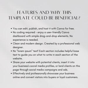 May include: A list of features and benefits for using a website template. The text highlights the ease of use, professional design, and ability to share the website with potential clients.