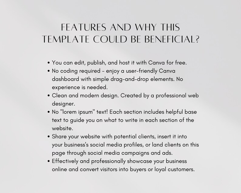 May include: A list of features and benefits for using a website template. The text highlights the ease of use, professional design, and ability to share the website with potential clients.