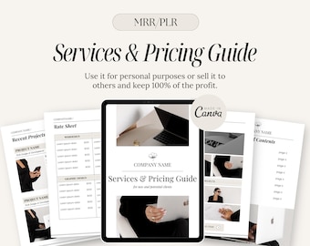 Puede incluir: Una plantilla de guía de servicios y precios digital con un esquema de color blanco y negro. La plantilla incluye un título, "Services & Pricing Guide", y un subtítulo, "Para clientes nuevos y potenciales". La plantilla también incluye una sección para proyectos recientes, una hoja de tarifas y una tabla de contenido.
