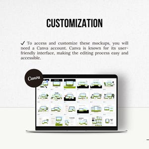 May include: A laptop screen displaying a Canva interface with multiple mockups of different designs. The mockups feature a variety of colors and patterns, including green, white, and black. The text "Canva" is visible in the top left corner of the screen.