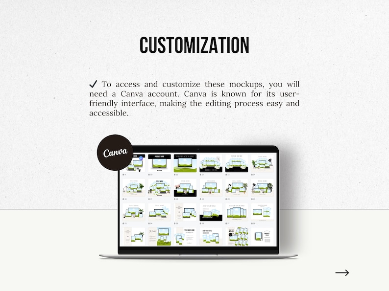 May include: A laptop screen displaying a Canva interface with multiple mockups of different designs. The mockups feature a variety of colors and patterns, including green, white, and black. The text "Canva" is visible in the top left corner of the screen.