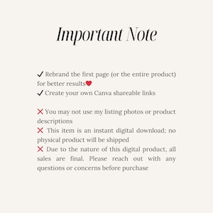 May include: Important note: Rebrand the first page (or the entire product) for better results. Create your own Canva shareable links. You may not use my listing photos or product descriptions. This item is an instant digital download; no physical product will be shipped. Due to the nature of this digital product, all sales are final. Please reach out with any questions or concerns before purchase.