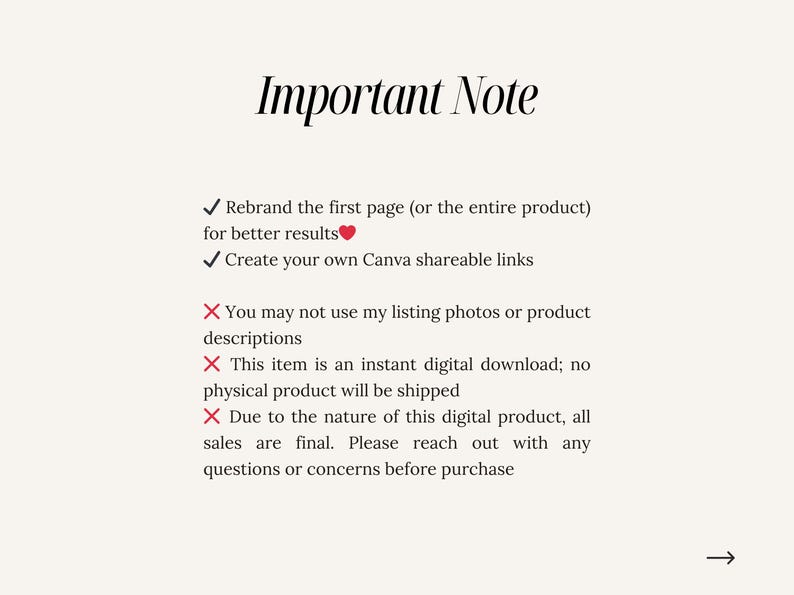 May include: Important note: Rebrand the first page (or the entire product) for better results. Create your own Canva shareable links. You may not use my listing photos or product descriptions. This item is an instant digital download; no physical product will be shipped. Due to the nature of this digital product, all sales are final. Please reach out with any questions or concerns before purchase.