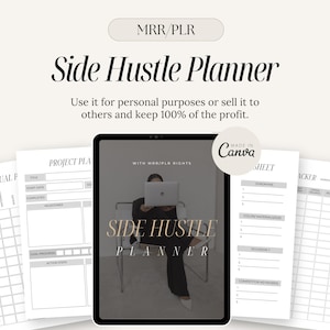 K&ouml;nnte beinhalten: Ein digitaler Planer mit dem Text "Side Hustle Planner" auf dem Cover. Der Planer enth&auml;lt Abschnitte f&uuml;r die Jahresplanung, Projektplanung, eine Checkliste und einen Tracker. Der Planer soll Menschen helfen, ihre Nebengewerbe zu organisieren und ihren Fortschritt zu verfolgen.