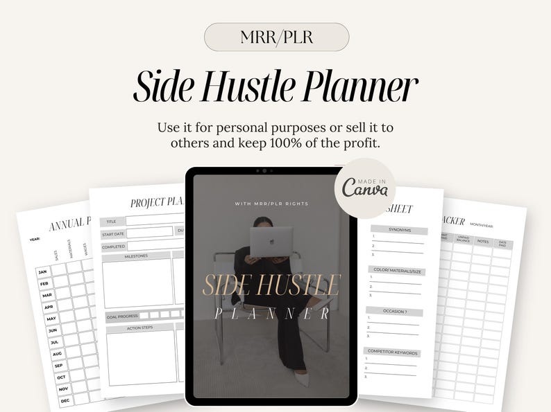 K&ouml;nnte beinhalten: Ein digitaler Planer mit dem Text "Side Hustle Planner" auf dem Cover. Der Planer enth&auml;lt Abschnitte f&uuml;r die Jahresplanung, Projektplanung, eine Checkliste und einen Tracker. Der Planer soll Menschen helfen, ihre Nebengewerbe zu organisieren und ihren Fortschritt zu verfolgen.