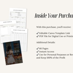 May include: A digital product listing for a nutrition planner. The image shows a preview of the planner's pages, including a recipe template, health overview, and weekly vitamin intake tracker. The planner is described as having 66 pages, instant access, and the ability to be used for personal purposes or resold.