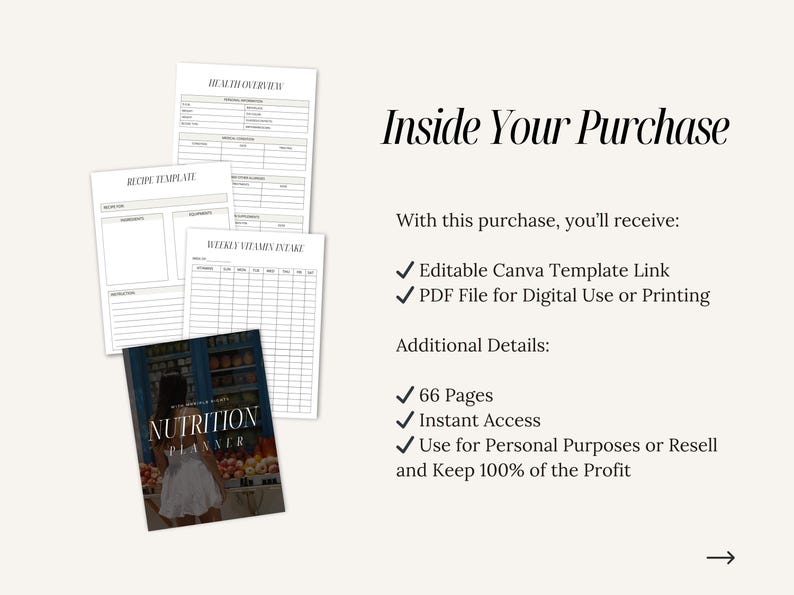May include: A digital product listing for a nutrition planner. The image shows a preview of the planner's pages, including a recipe template, health overview, and weekly vitamin intake tracker. The planner is described as having 66 pages, instant access, and the ability to be used for personal purposes or resold.