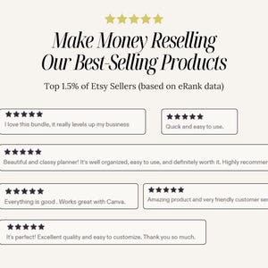 May include: A cream-coloured graphic with the text "Make Money Reselling Our Best-Selling Products." Features customer reviews with star ratings. The text also mentions "Top 1.5% of Etsy Sellers (based on eRank data)."