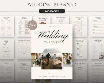 Puede incluir: Un planificador de bodas con 140 páginas, con un diseño floral y una pareja en un campo. El planificador incluye secciones para la inspiración de la boda, la lista de invitados, la línea de tiempo y más. El texto "Wedding Planner" y "140 Pages" se muestra en la parte superior de la imagen.