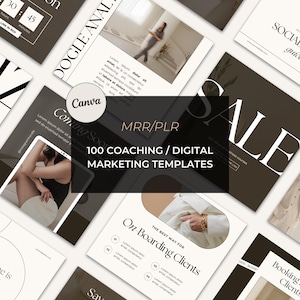 May include: A collection of 100 digital marketing templates for coaches. The templates are designed in a minimalist style with a neutral color palette of black, white, and beige. The templates feature text overlays such as "Coming Soon", "MRR/PLR", "100 Coaching/Digital Marketing Templates", "The Best Way For On-Boarding Clients", "Sale", "Social Media Guide", "Booking More Clients", "Everyone is not your customer", and "Quiz".