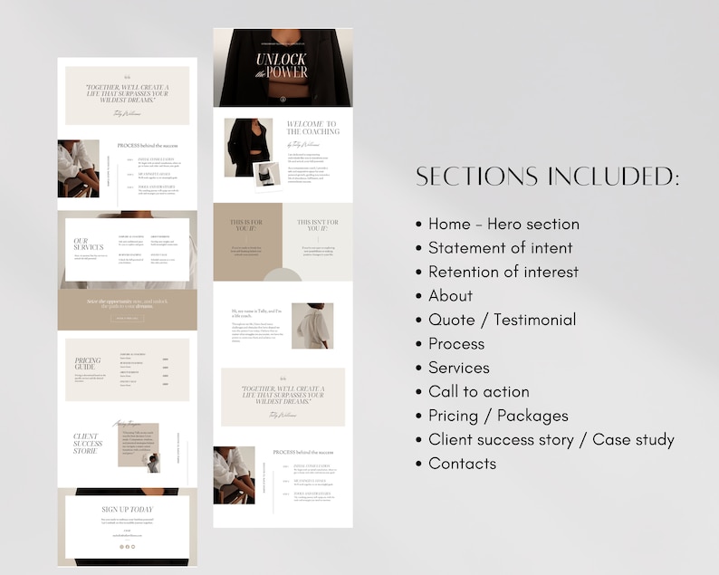 May include: A website mockup for a coaching service. The website features a minimalist design with a neutral color palette. The text on the website includes the phrase "Unlock the Power" and "Together we'll create a life that surpasses your wildest dreams".