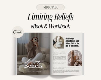 Puede incluir: Un libro electrónico y un cuaderno de trabajo blancos y beige titulados "Limiting Beliefs" con una mujer con un suéter blanco y pantalones blancos sentada en una alfombra blanca esponjosa. El texto "Nice things attract more nice things. This is the law of attraction." está en la página derecha del libro.
