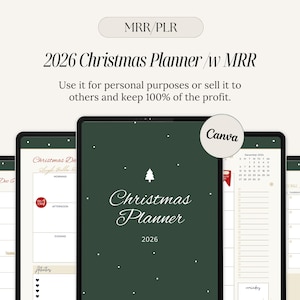 May include: A digital Christmas planner for 2026, displayed on multiple tablets. The planner has a dark green cover with a Christmas tree graphic and the text "Christmas Planner 2026". The image also includes the text "MRR/PLR".