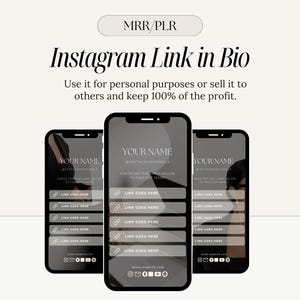 May include: Three mockups of a smartphone screen displaying a link in bio template. The template features a black and white design with the text "YOUR NAME" and "INSTAGRAM HANDLE". The template includes a list of links with the text "LINK GOES HERE" next to each link.