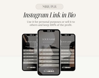 May include: Three mockups of a smartphone screen displaying a link in bio template. The template features a black and white design with the text "YOUR NAME" and "INSTAGRAM HANDLE". The template includes a list of links with the text "LINK GOES HERE" next to each link.