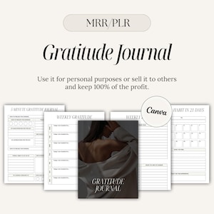 Puede incluir: Un diario de gratitud imprimible con tres páginas: un diario de gratitud de 5 minutos, un diario de gratitud semanal y un rastreador de hábitos durante 21 días. El diario presenta un diseño en blanco y negro con una estética minimalista. El texto "Gratitude Journal" aparece en la portada.